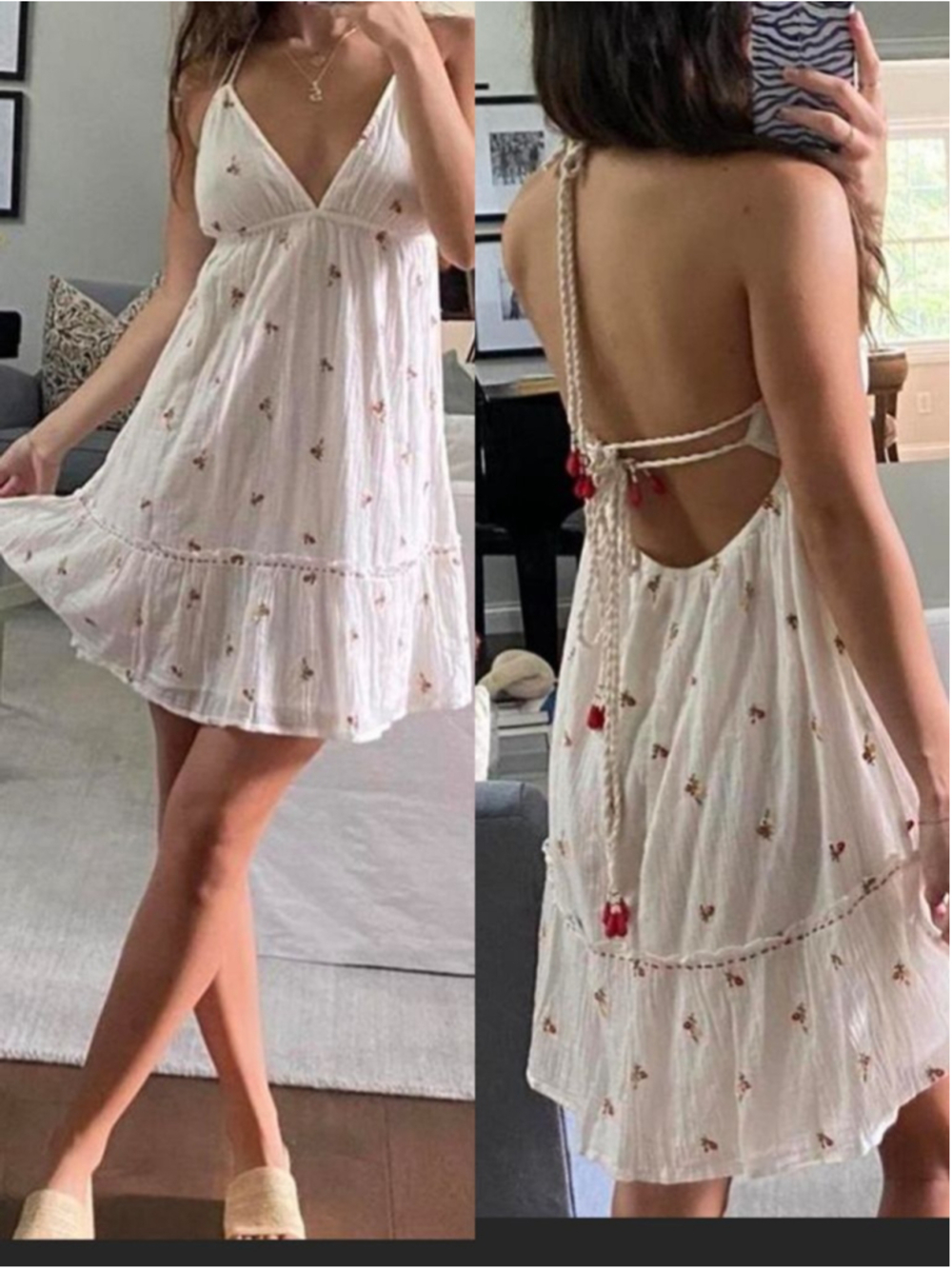 RAGA Anthropologie White Cotton Floral Mini Halter Dress Medium Boho Festival
